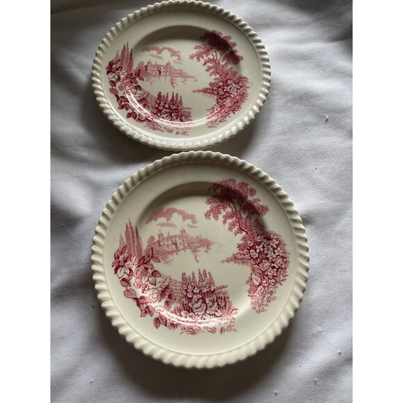 Johnson Bros England Castle On The Lake Plates Set Of 2 Red Transferware Vintage - Picture 1 of 7